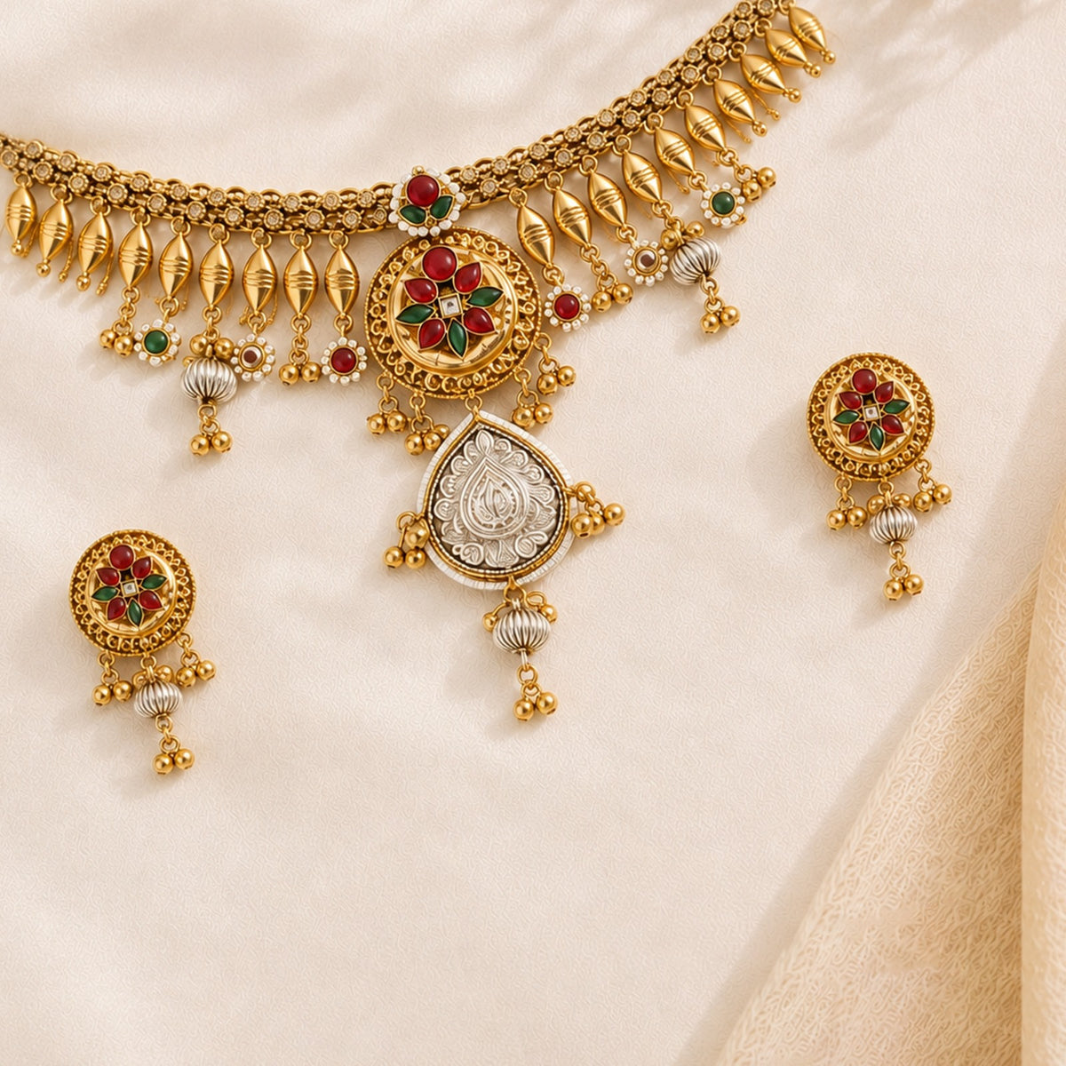 ANTIQUE GOLD PLATED NECKLACE SET WITH EARRINGS