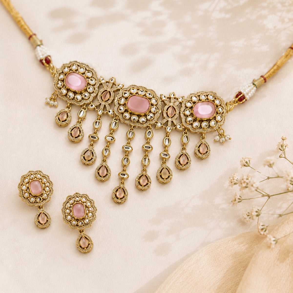 GOLD PLATED STONE WORK CHOKER SET