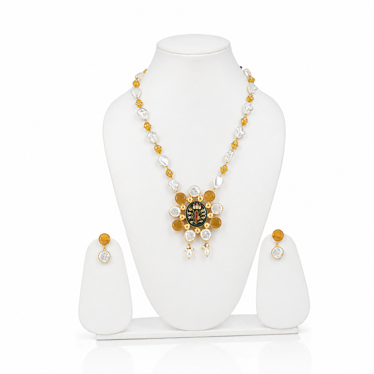 PEARL BEADED MALA WITH PEARL PENDANT WITH EARRINGS