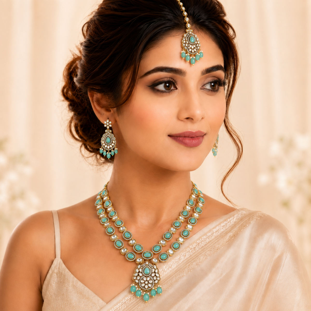 LONG RAANI HAAR STYLE NECK PIECE WITH EARRINGS & MAANG TIKA