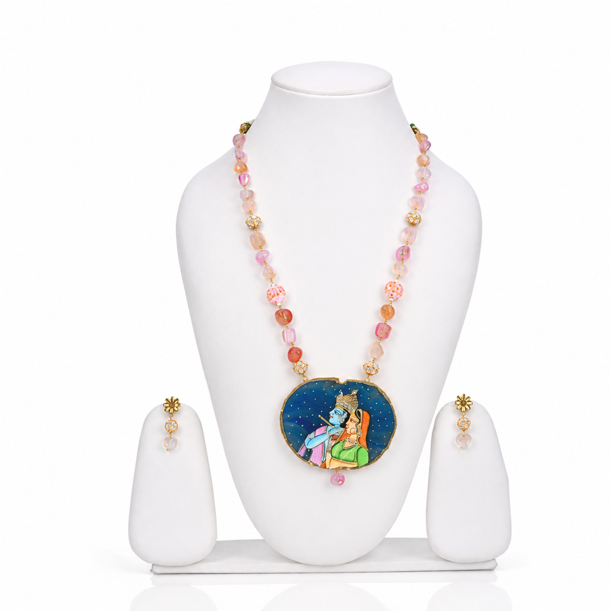 LONG PEARL MALA SET WITH TANJORE HAND PAINTED PENDANT