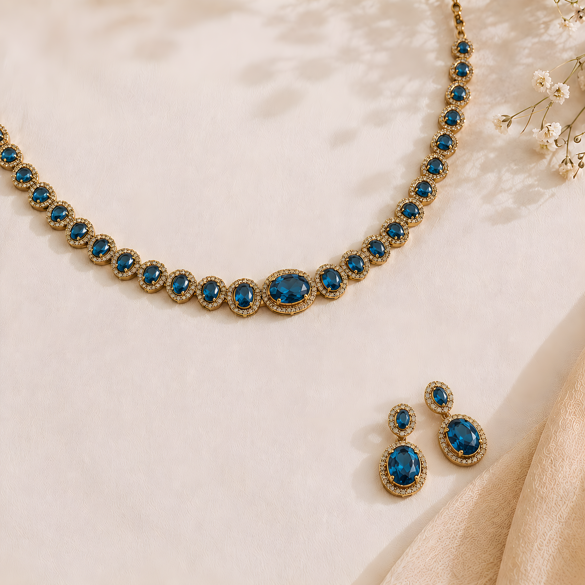 GOLD PLATED BLUE COLOUR GLASS STONE NECKLACE SET