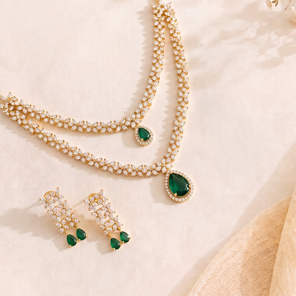 GOLD PLATED BRASS BASED CZ STONES NECKLACE SET WITH EARRINGS