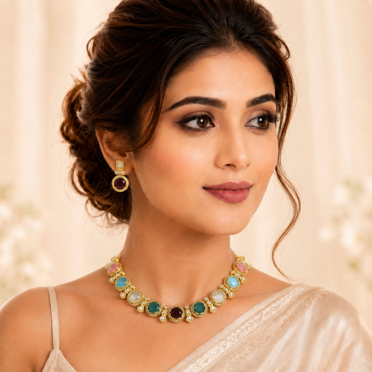 MULTICOLOUR GLASS STONES NECKLACE SET WITH EARRING