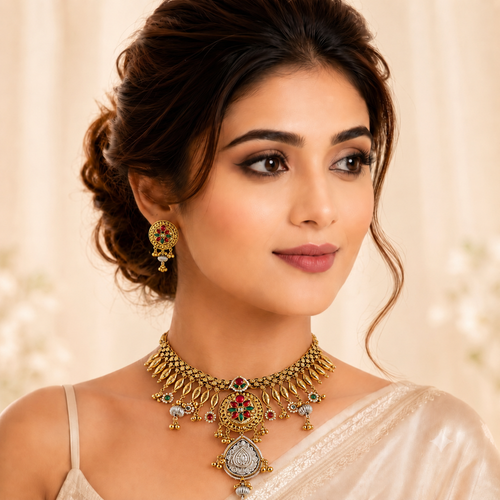ANTIQUE GOLD PLATED NECKLACE SET WITH EARRINGS