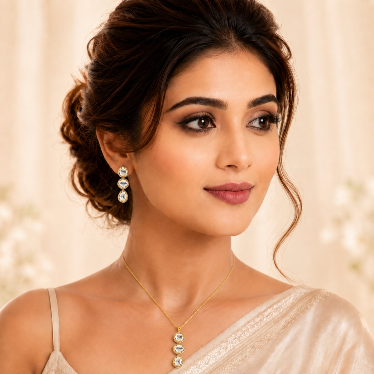 GOLD PLATED LONG PENDANT SET WITH EAR STUDDS