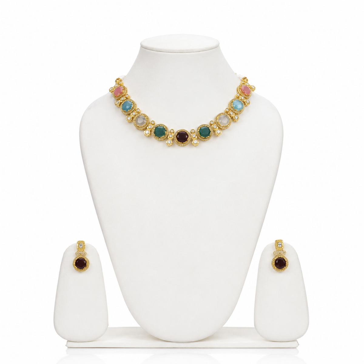 MULTICOLOUR GLASS STONES NECKLACE SET WITH EARRING