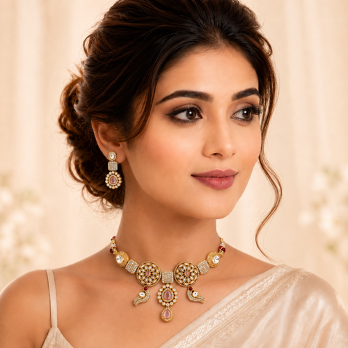 ANTIQUE GOLD PLATED CHOKER SET WITH EARRINGS