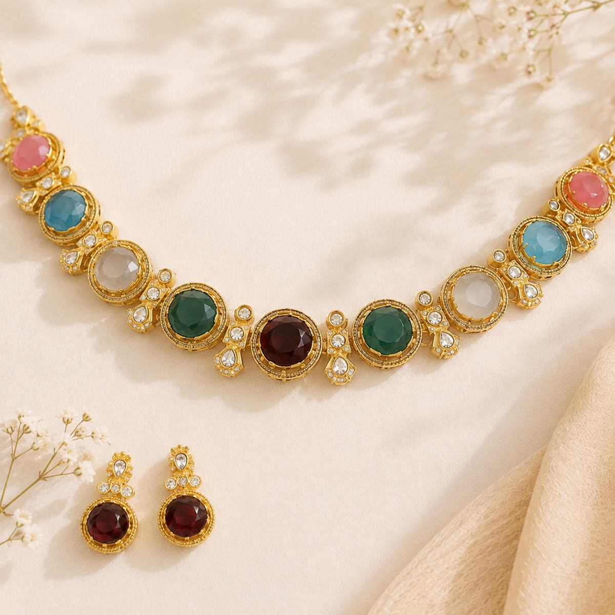 MULTICOLOUR GLASS STONES NECKLACE SET WITH EARRING
